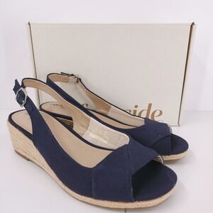 Life Stride Socialite Navy Canvas Slingback Buckle Peep Toe Wedge Womens 10 W